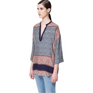 Zara Multicolor Print 3/4 Kimono Sleeve Oversized Boho Vneck Tunic Blouse
